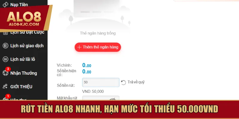 Rút tiền Alo8 nhanh, hạn mức tối thiểu 50.000VND